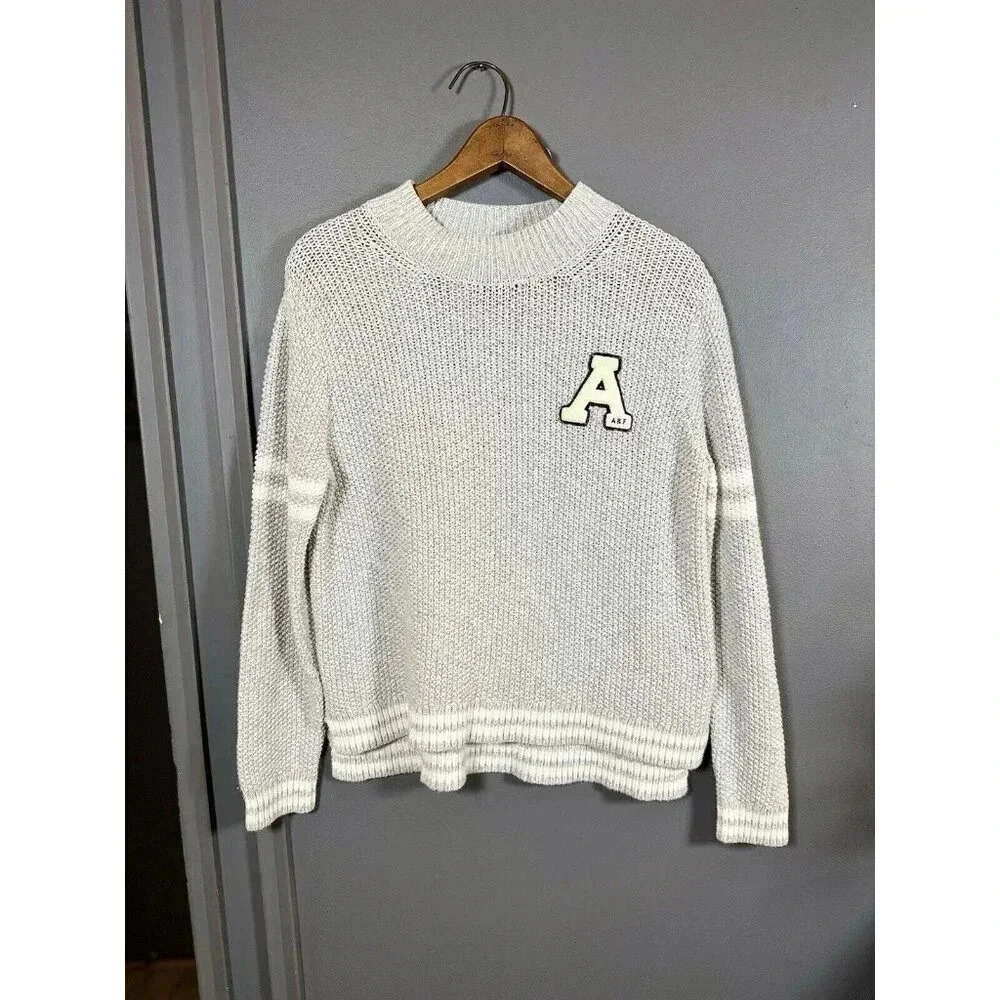 Abercrombie & Fitch Varsity Sweater Women Size L‎ Pullover Gray Knit Logo Preppy